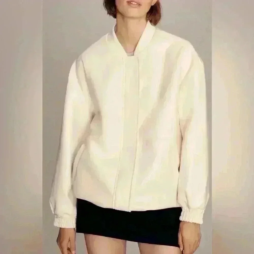 Maeve by Anthropologie ivory women's Oversized Faux Leather Bomber Jacket size L